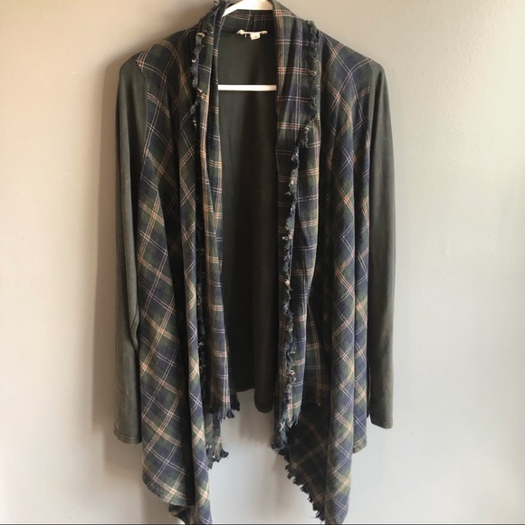 ODDY Sweaters - Oddy Green Plaid Drape Cardigan